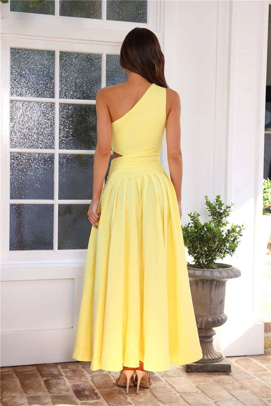 Chic Simple A-line One-Shoulder Cutout Waist Yellow High Low Prom Dress