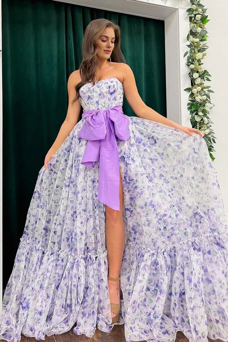 Chic Strapless Floral Printed Chiffon Lavender Long Prom Dress With Slit