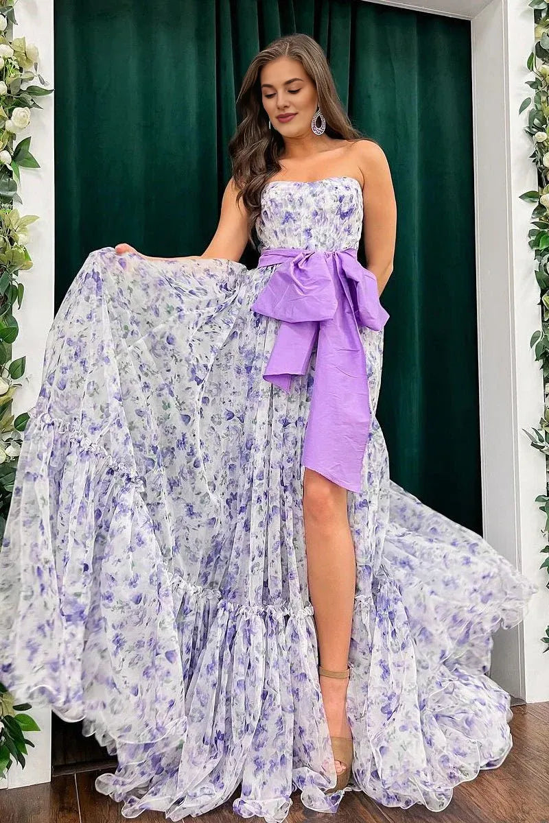 Chic Strapless Floral Printed Chiffon Lavender Long Prom Dress With Slit