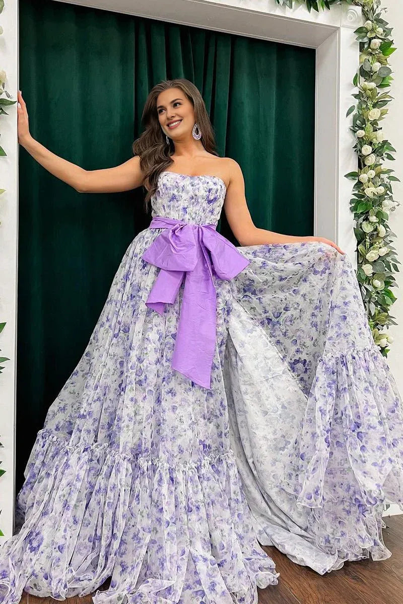 Chic Strapless Floral Printed Chiffon Lavender Long Prom Dress With Slit