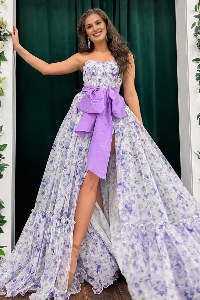 Chic Strapless Floral Printed Chiffon Lavender Long Prom Dress With Slit