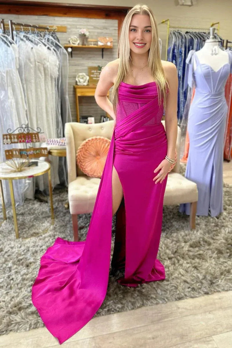 Chic Strapless Pleated Beaded Slit Satin White Maxi Dress With Train