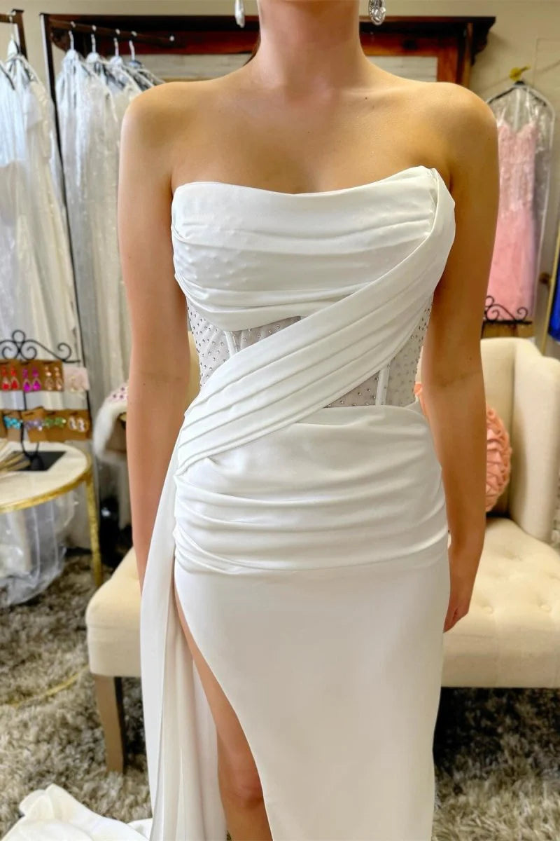 Chic Strapless Pleated Beaded Slit Satin White Maxi Dress With Train