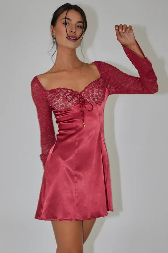 Chic Sweetheart Long Sleeves Tie Lace Bust Wine Mini Homecoming Dress
