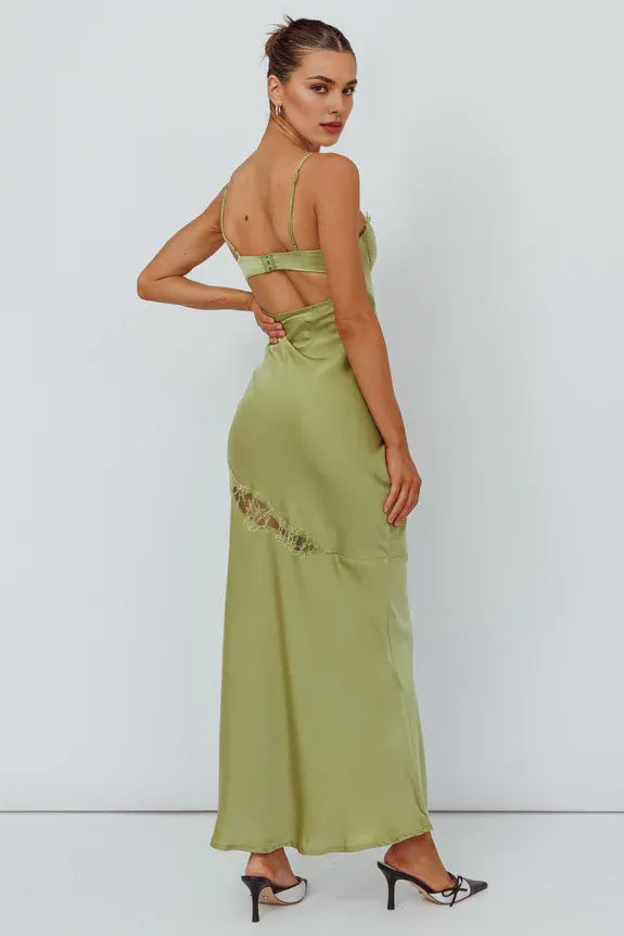 Chic Sweetheart Spaghetti Straps Lace Trim Mango Midi Evening Dress