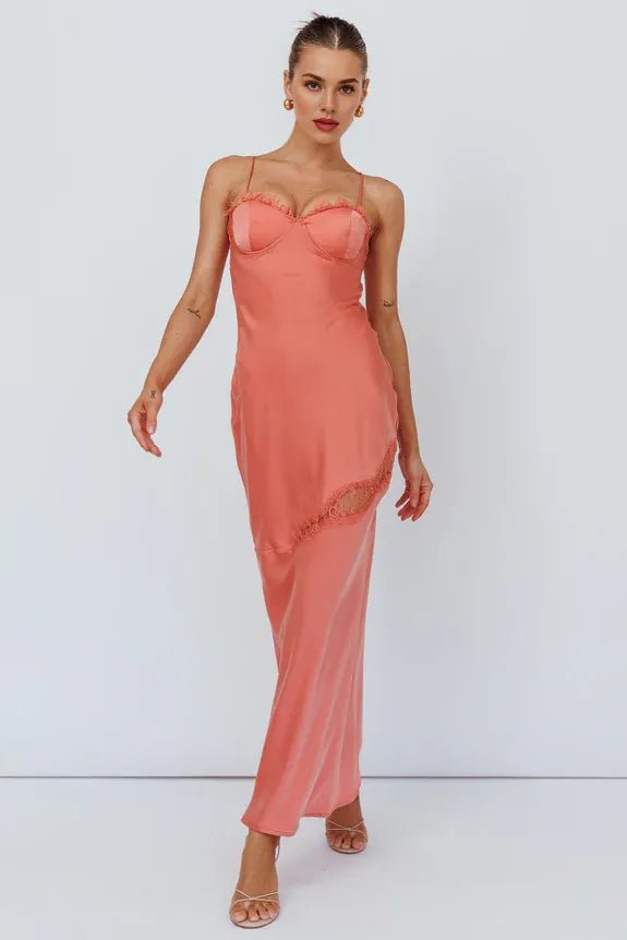 Chic Sweetheart Spaghetti Straps Lace Trim Mango Midi Evening Dress