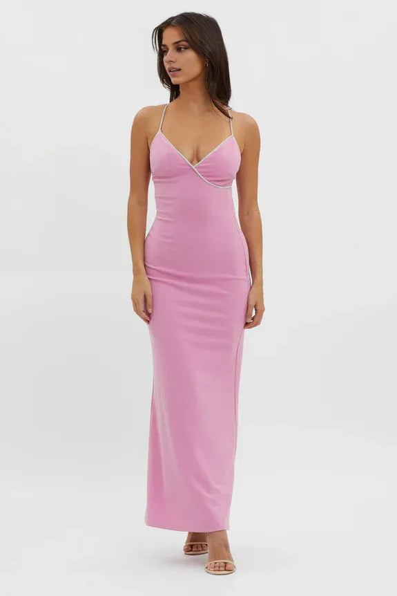 Chic V Neck Diamante Strap Tie Back Pink Maxi Evening Dress For Women
