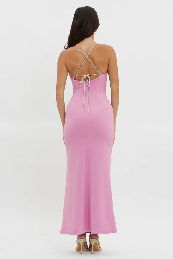 Chic V Neck Diamante Strap Tie Back Pink Maxi Evening Dress For Women