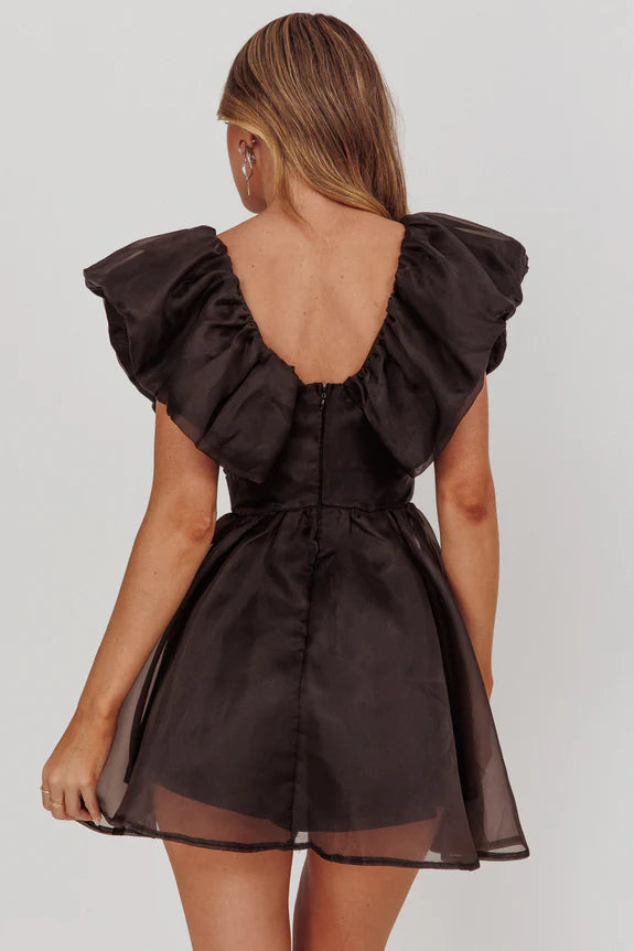 Chic V Neck Flying Sleeves Ruffle Black Mini Homecoming Dress