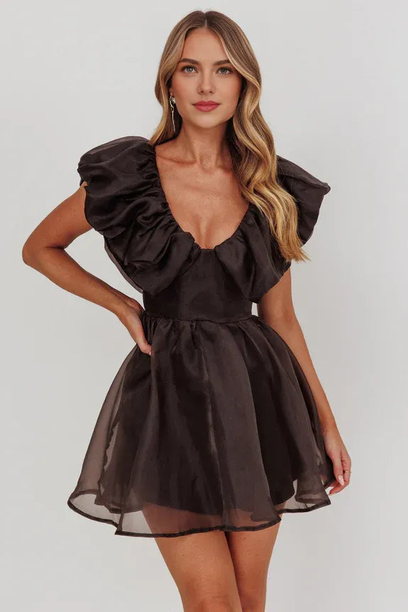 Chic V Neck Flying Sleeves Ruffle Black Mini Homecoming Dress