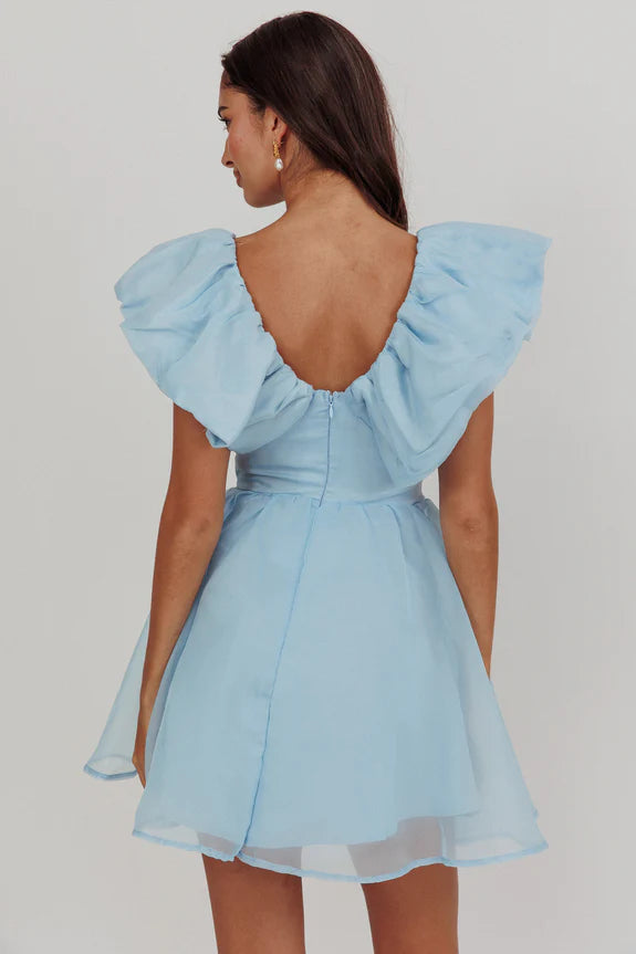 Chic V Neck Flying Sleeves Ruffle Blue Mini Homecoming Dress