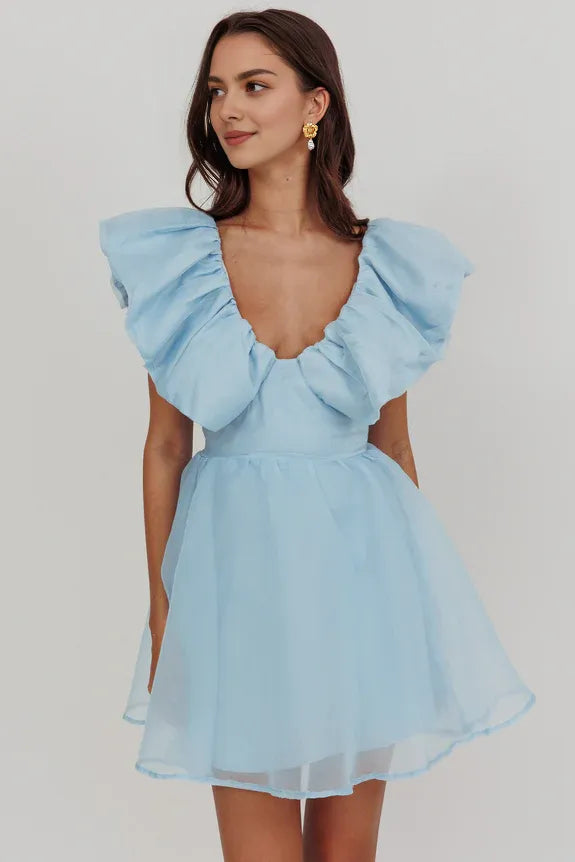 Chic V Neck Flying Sleeves Ruffle Blue Mini Homecoming Dress