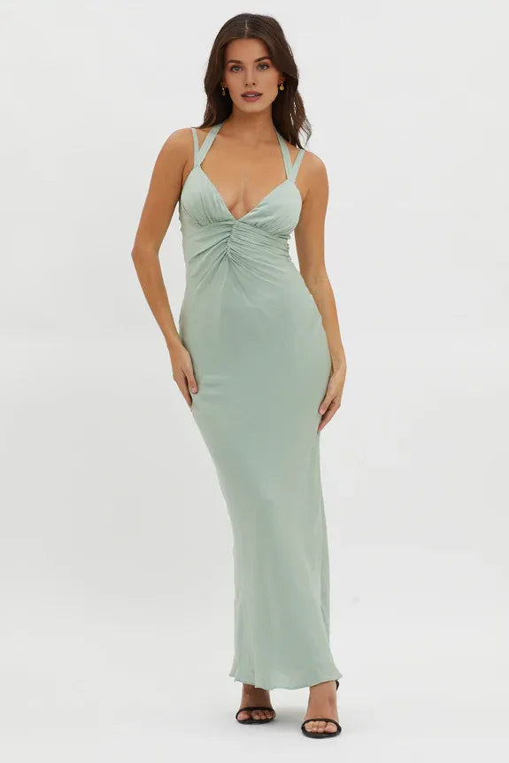 Chic V Neck Twist Bodice Multi-Strap Sage Evening Dress Party Dress