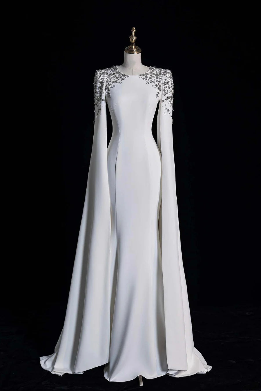 Chic White Scoop Neckline Beading Long Sleeve Long Prom Dress Party Dress