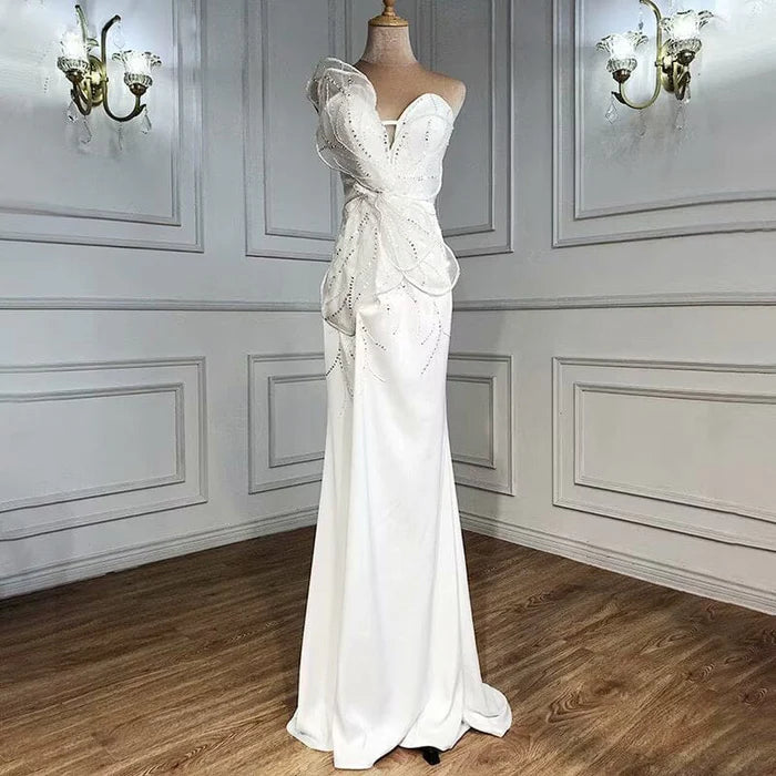 Chic White Sequin With Beaded Strapless High Split Long Prom Dress Discount Long Party Dress