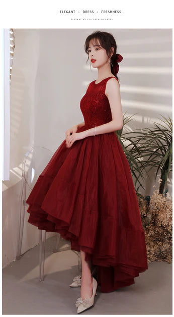 Chic Wine Red Organza Lace Round Neck High Low Party Dresses Prom Dress Homecoming Dresses