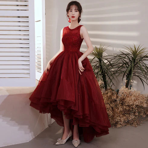 Chic Wine Red Organza Lace Round Neck High Low Party Dresses Prom Dress Homecoming Dresses