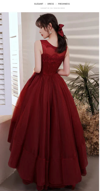 Chic Wine Red Organza Lace Round Neck High Low Party Dresses Prom Dress Homecoming Dresses