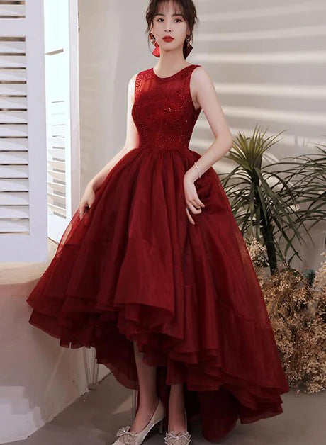 Chic Wine Red Organza Lace Round Neck High Low Party Dresses Prom Dress Homecoming Dresses