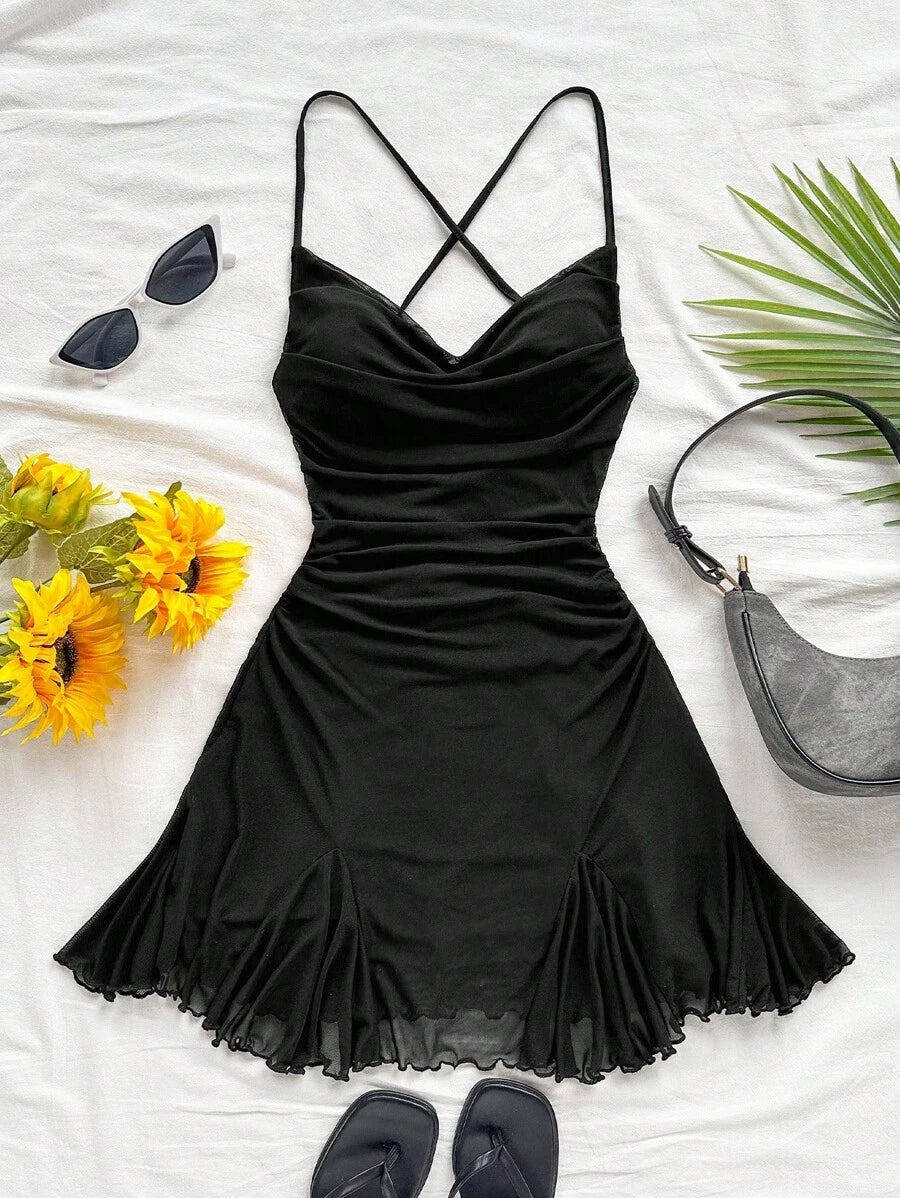 Chic A-Line Cowl Neck Ruched Criss-Cross Back Black Mini Homecoming Dresses