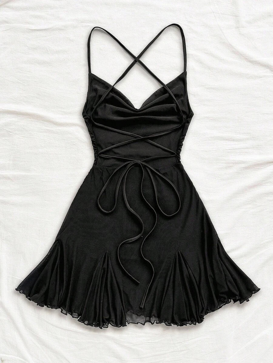 Chic A-Line Cowl Neck Ruched Criss-Cross Back Black Mini Homecoming Dresses
