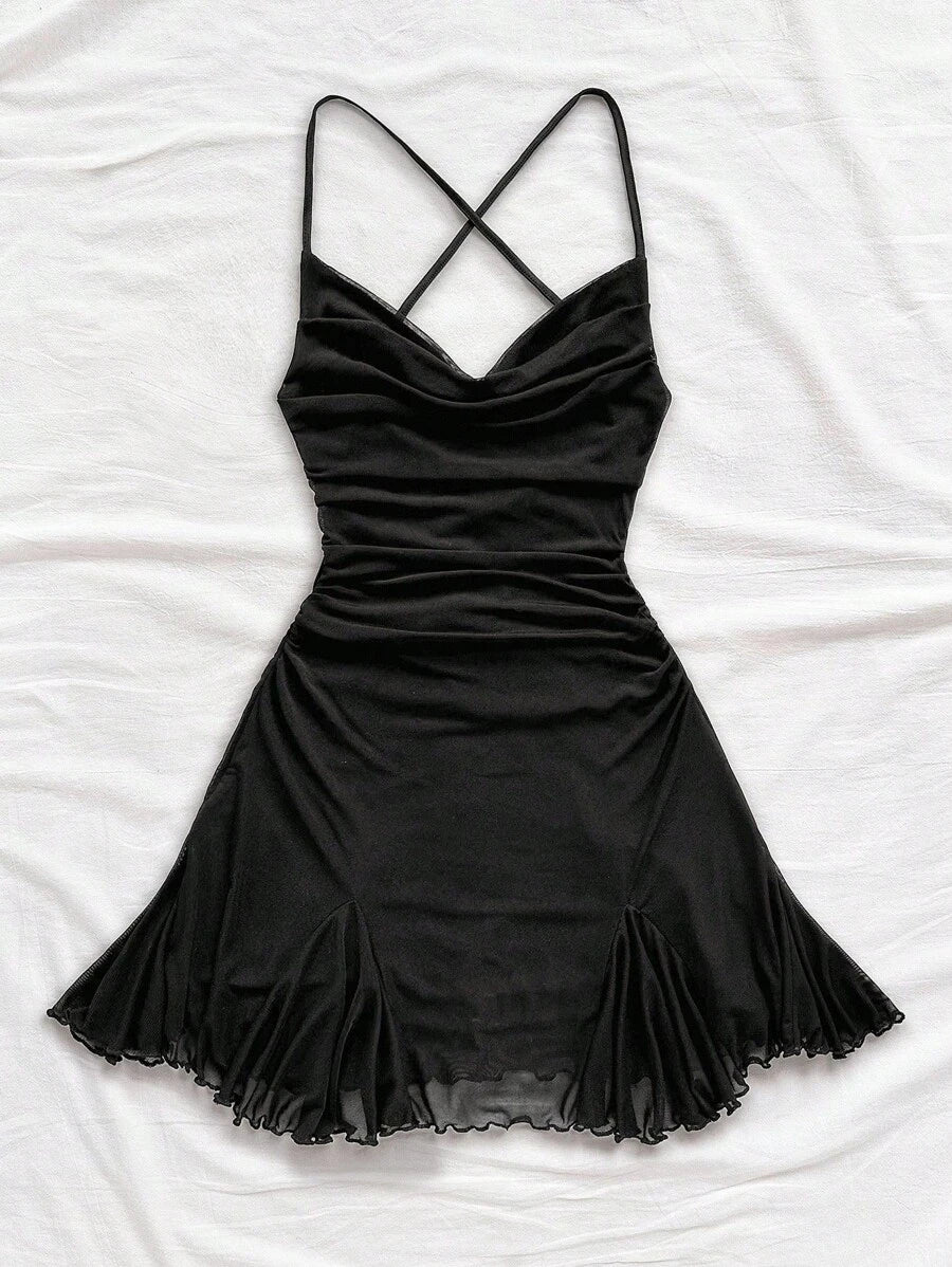 Chic A-Line Cowl Neck Ruched Criss-Cross Back Black Mini Homecoming Dresses