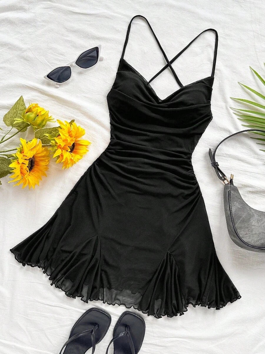 Chic A-Line Cowl Neck Ruched Criss-Cross Back Black Mini Homecoming Dresses