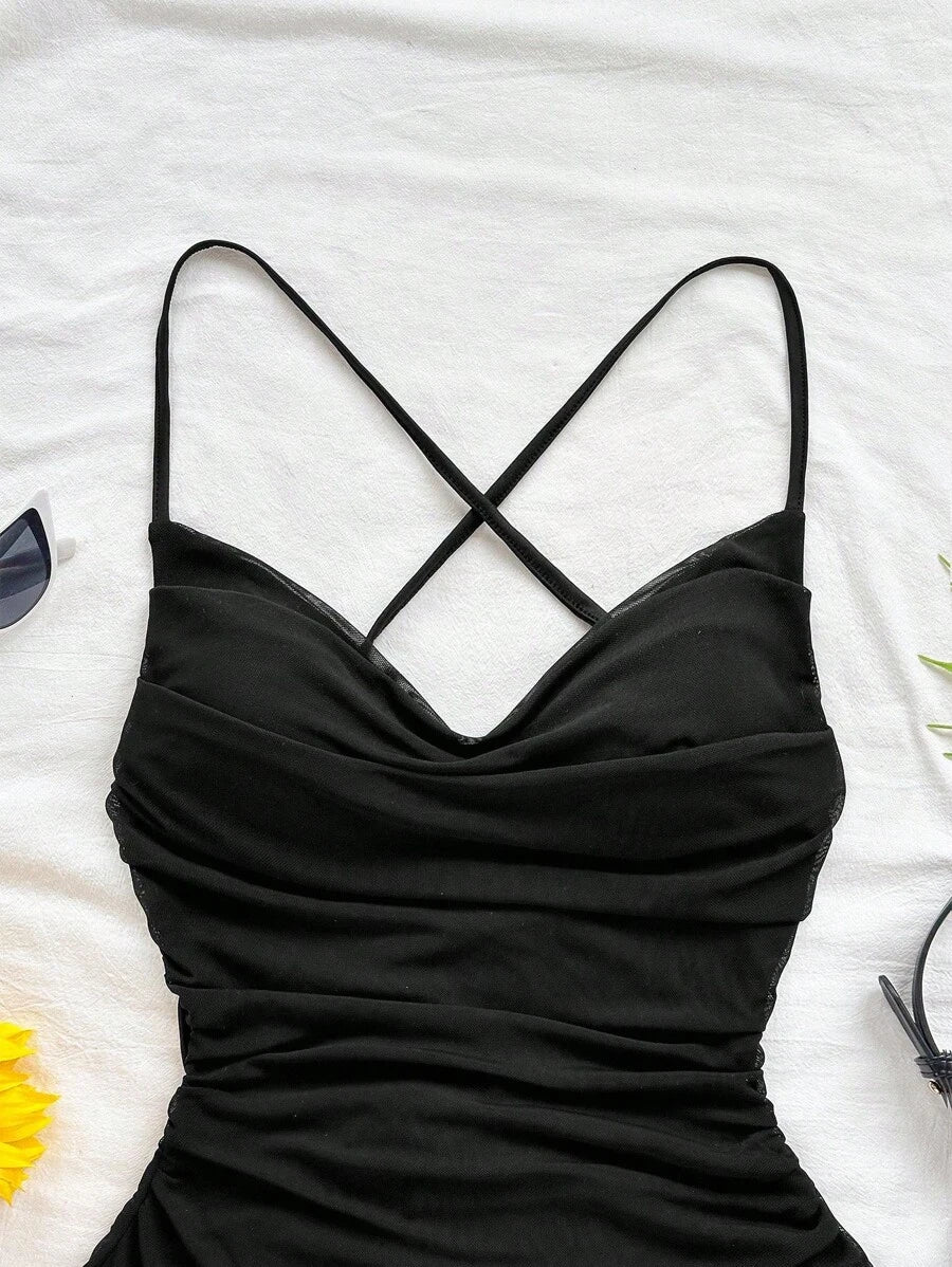 Chic A-Line Cowl Neck Ruched Criss-Cross Back Black Mini Homecoming Dresses