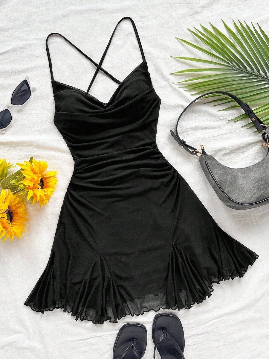Chic A-Line Cowl Neck Ruched Criss-Cross Back Black Mini Homecoming Dresses