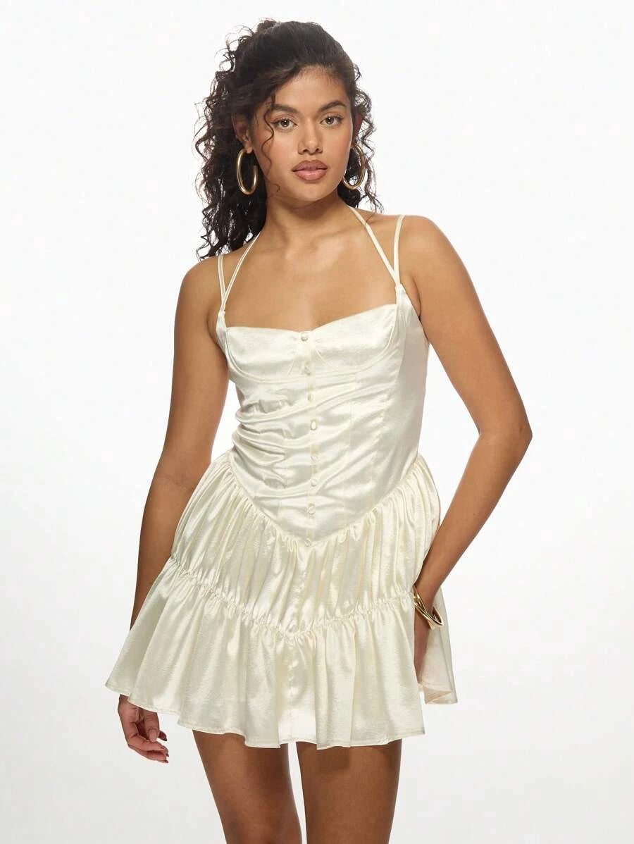 Chic A-Line Dual Straps Corset Ruffled Button Satin Ivory Mini Homecoming Dress