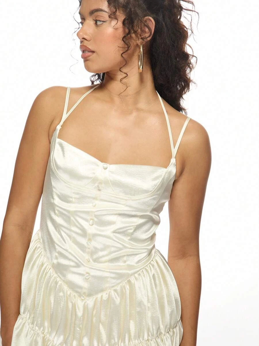 Chic A-Line Dual Straps Corset Ruffled Button Satin Ivory Mini Homecoming Dress
