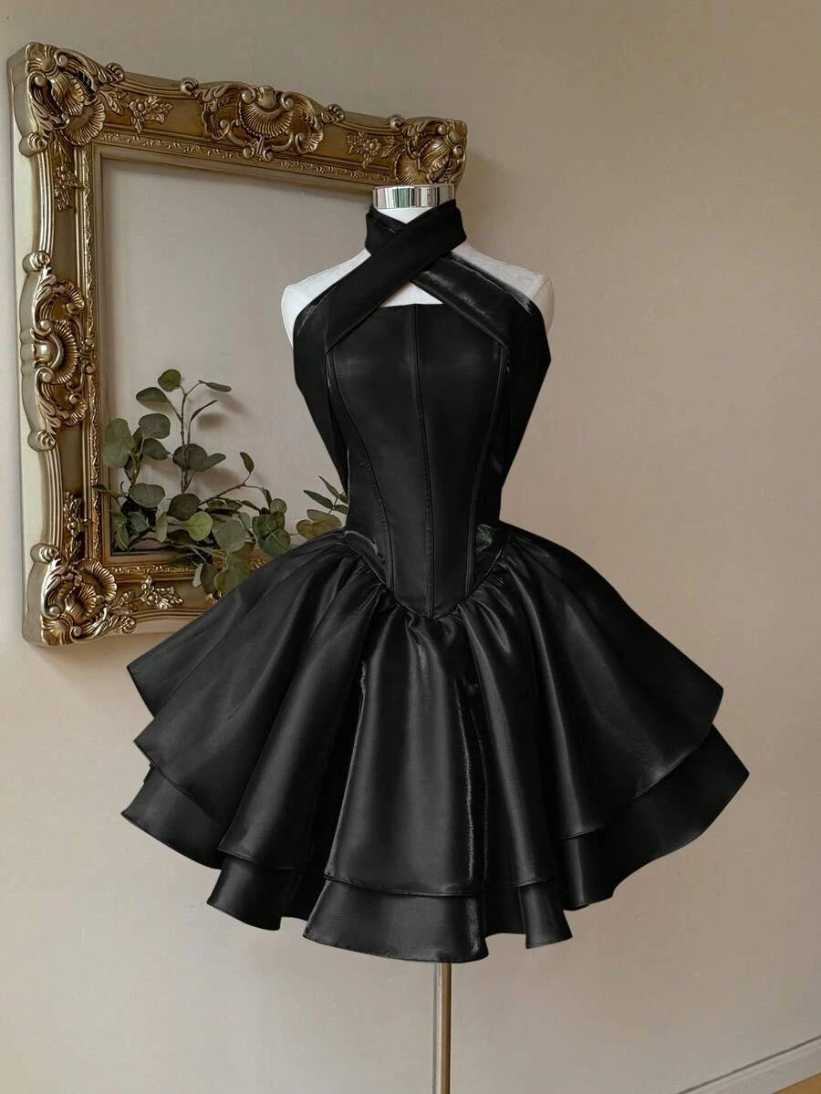 Chic A-Line Halter Corset Tiered Ruffle Satin Black Short Homecoming Dress