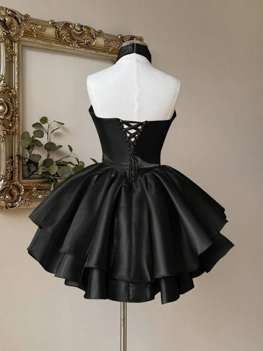 Chic A-Line Halter Corset Tiered Ruffle Satin Black Short Homecoming Dress