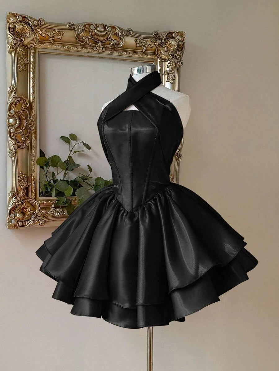 Chic A-Line Halter Corset Tiered Ruffle Satin Black Short Homecoming Dress