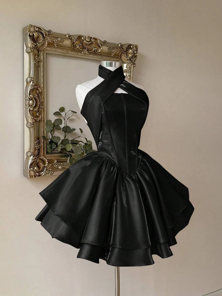 Chic A-Line Halter Corset Tiered Ruffle Satin Black Short Homecoming Dress