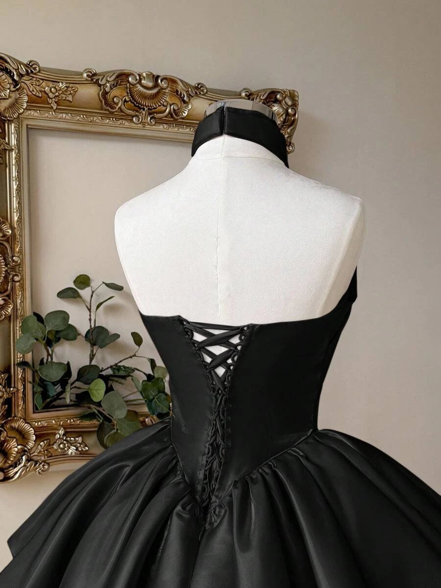 Chic A-Line Halter Corset Tiered Ruffle Satin Black Short Homecoming Dress