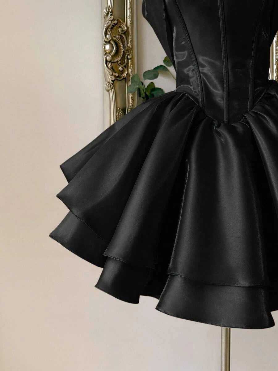 Chic A-Line Halter Corset Tiered Ruffle Satin Black Short Homecoming Dress