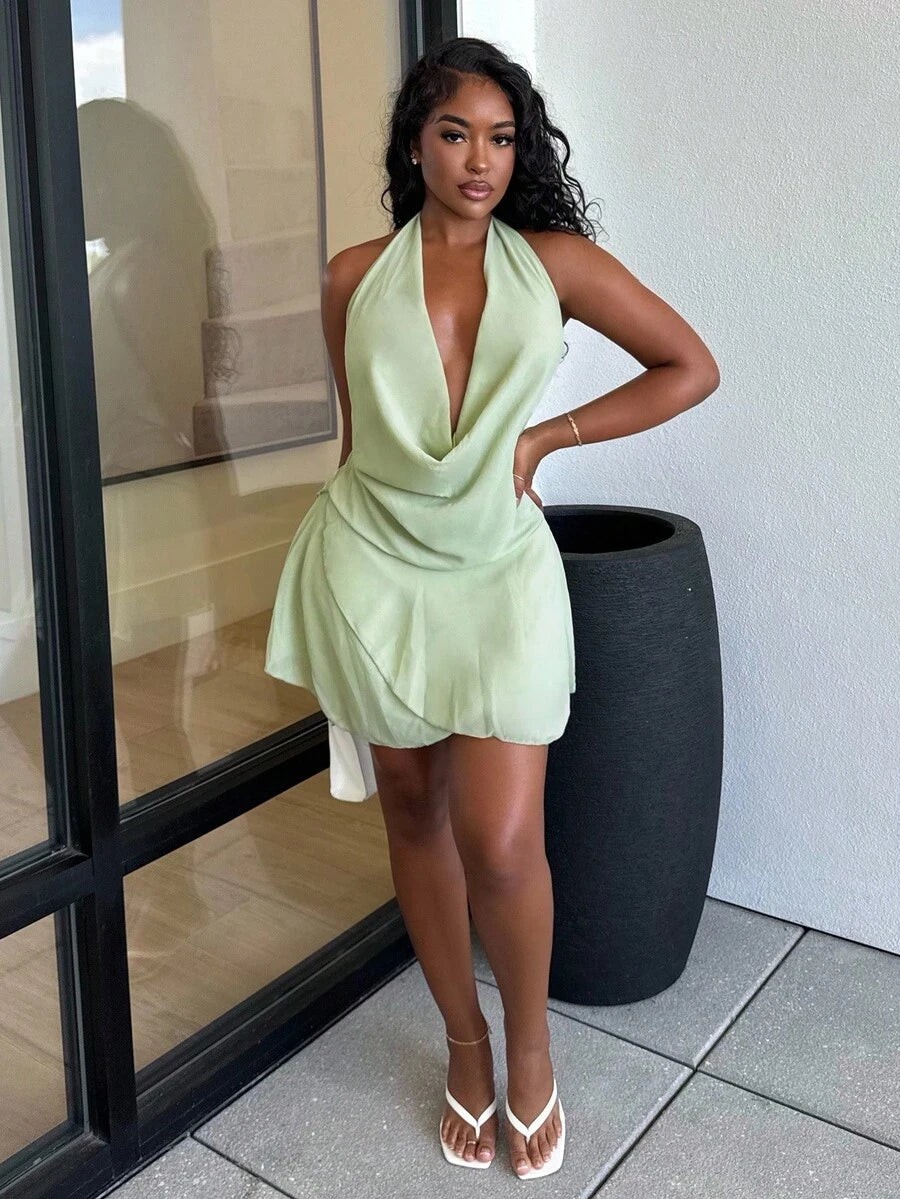 Chic A-Line Halter Cowl Neck Backless Ruffled Sage Green Mini Homecoming Dresses