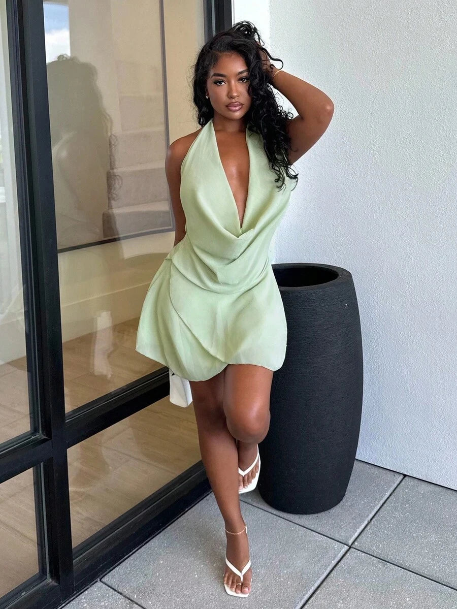 Chic A-Line Halter Cowl Neck Backless Ruffled Sage Green Mini Homecoming Dresses