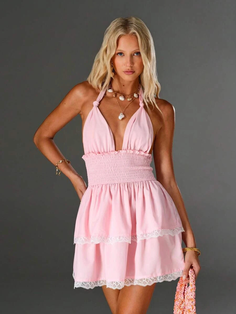 Chic A-Line Halter Deep V-Neck Ruffled Tiered Pink Mini Homecoming Dress