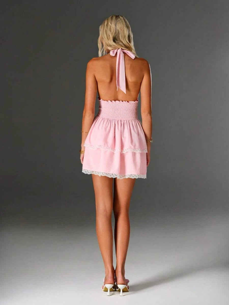 Chic A-Line Halter Deep V-Neck Ruffled Tiered Pink Mini Homecoming Dress