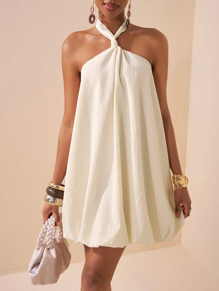 Chic A-Line Halter Neck Backless Cream Mini Homecoming Dress With Bubble Hem