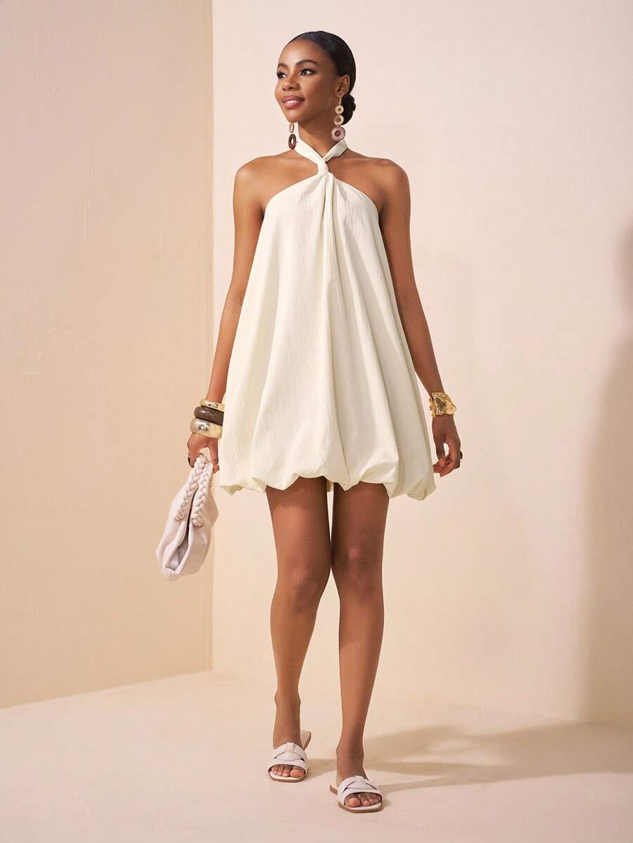 Chic A-Line Halter Neck Backless Cream Mini Homecoming Dress With Bubble Hem