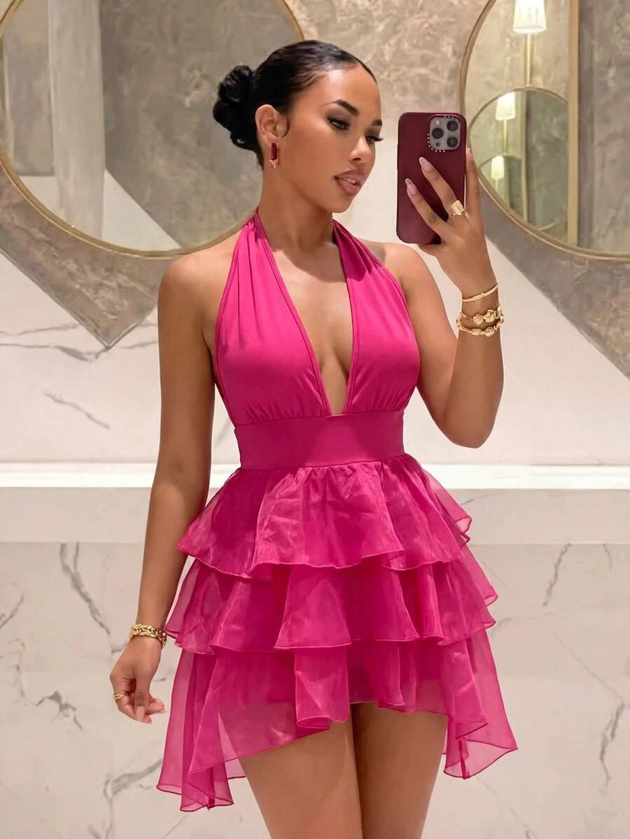 Chic A-Line Halter Ruffled Tiered Hot Pink Short Homecoming Dress For Ladies