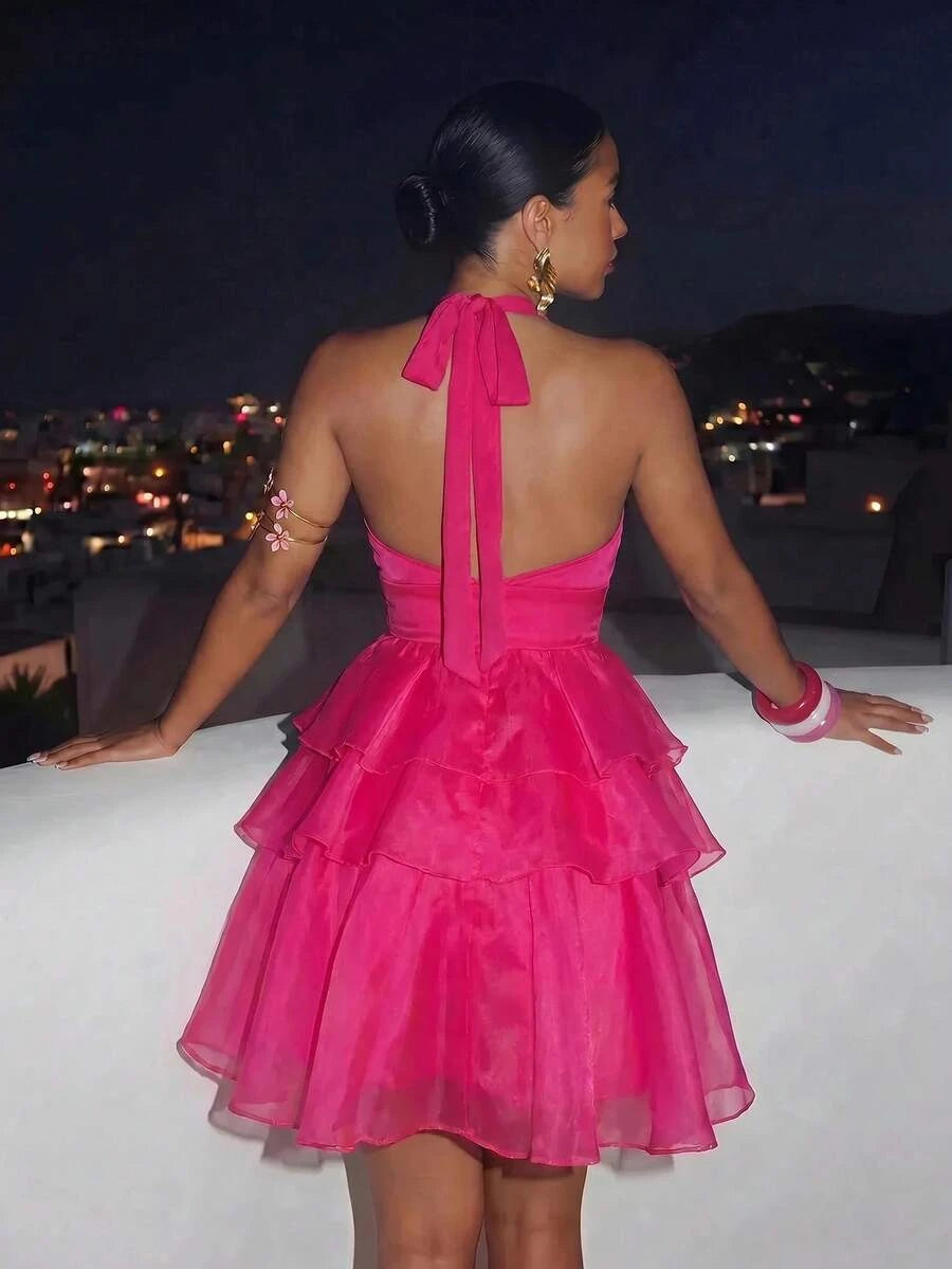 Chic A-Line Halter Ruffled Tiered Hot Pink Short Homecoming Dress For Ladies