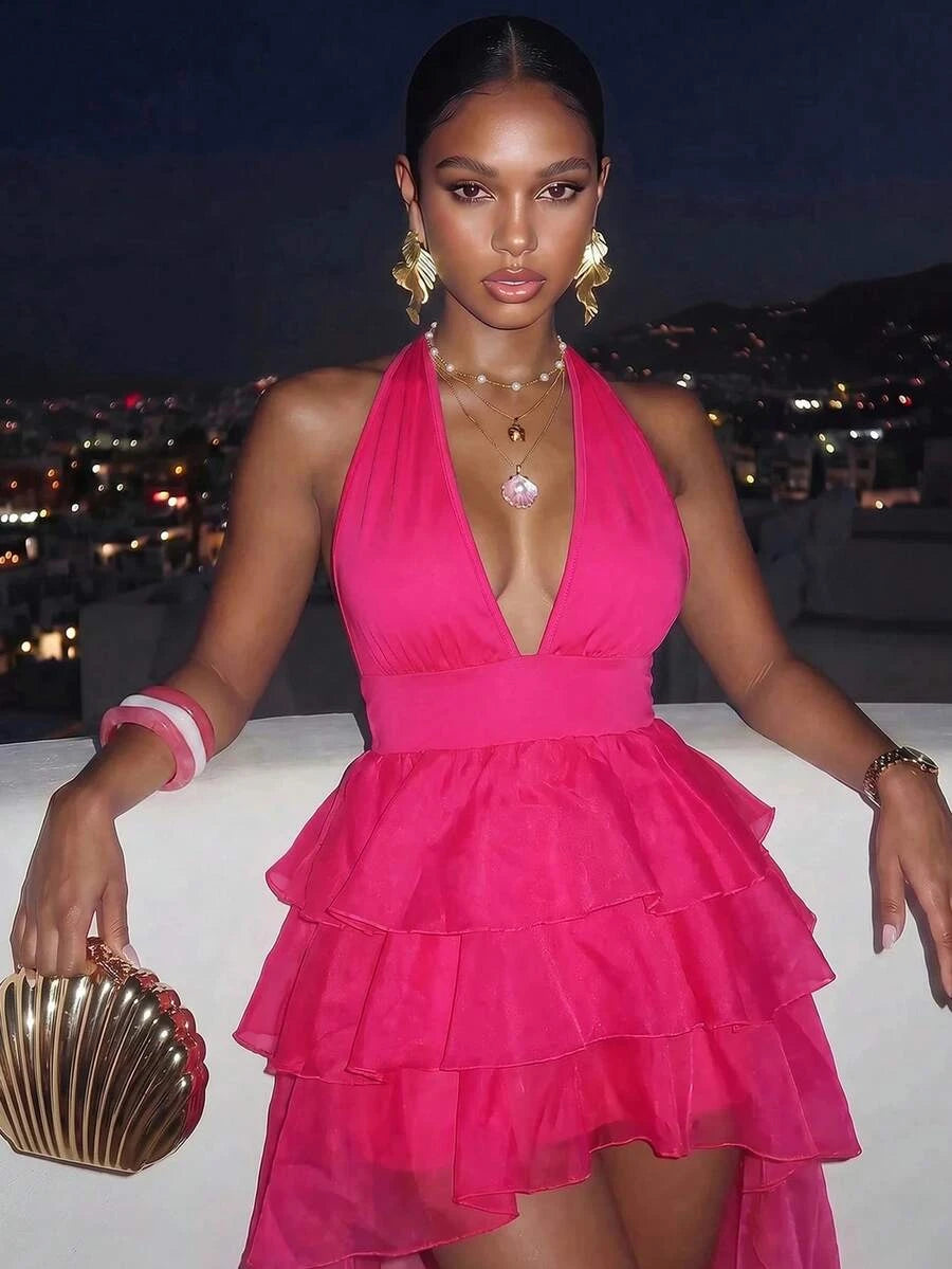 Chic A-Line Halter Ruffled Tiered Hot Pink Short Homecoming Dress For Ladies
