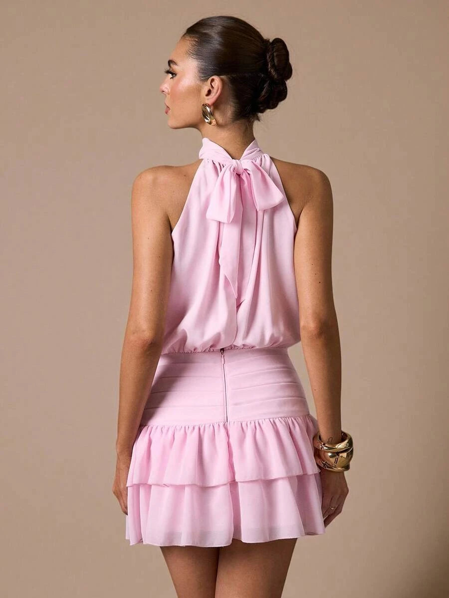 Chic A-Line Halter Sleeveless Ruched Ruffled Tiered Pink Mini Homecoming Dress