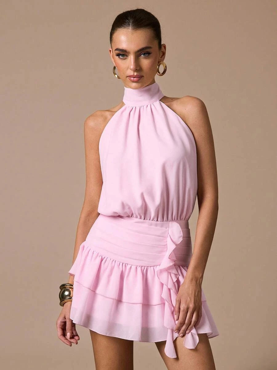 Chic A-Line Halter Sleeveless Ruched Ruffled Tiered Pink Mini Homecoming Dress