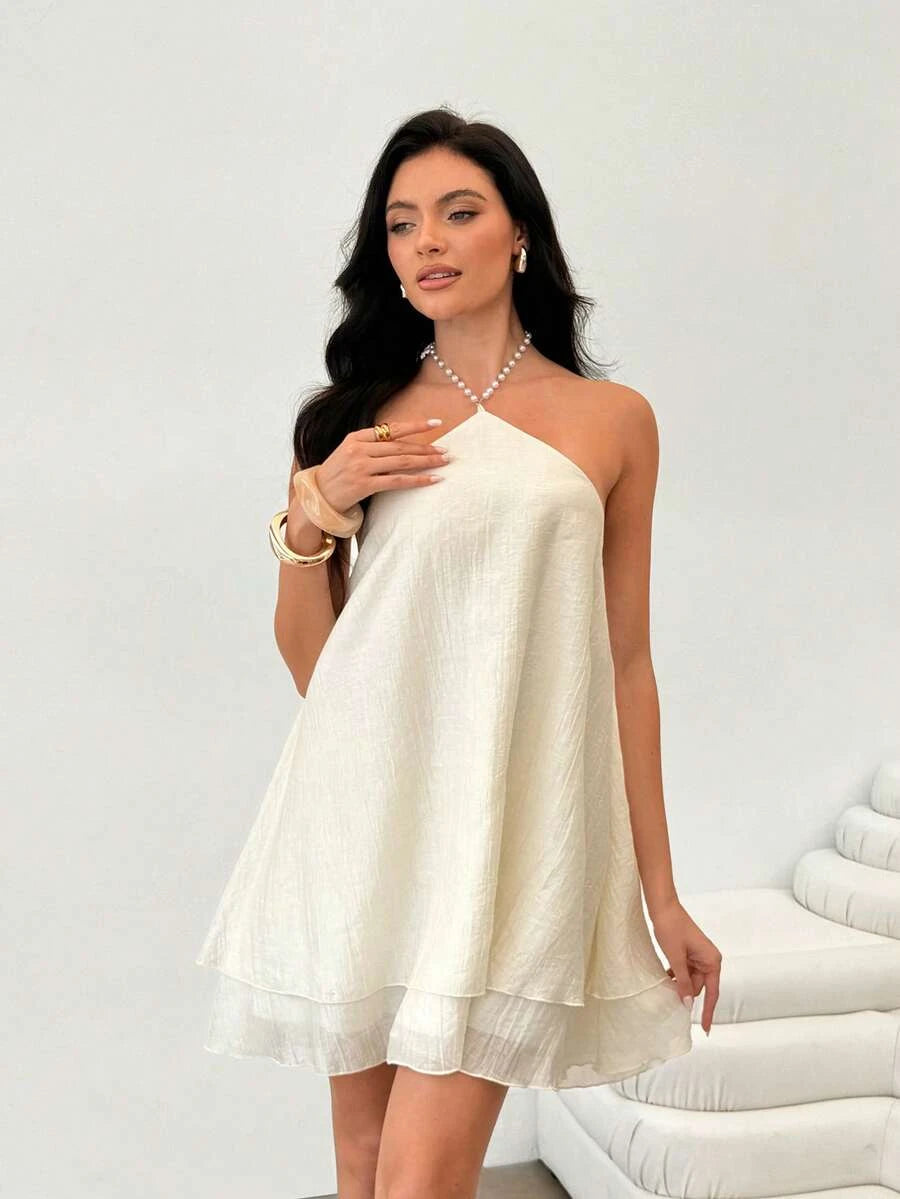 Chic A-Line Halter Tie Backless Tiered Ivory Short Homecoming Dress With Beaded