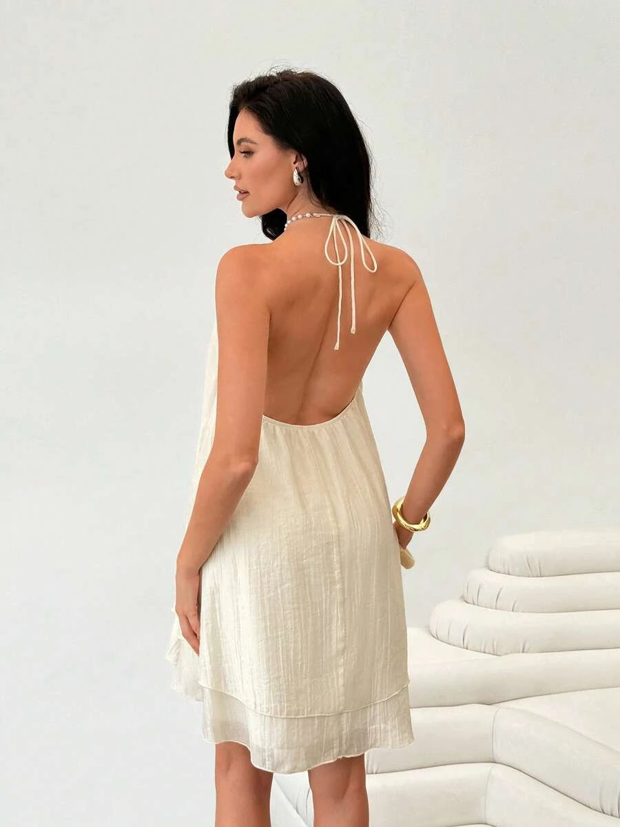 Chic A-Line Halter Tie Backless Tiered Ivory Short Homecoming Dress With Beaded